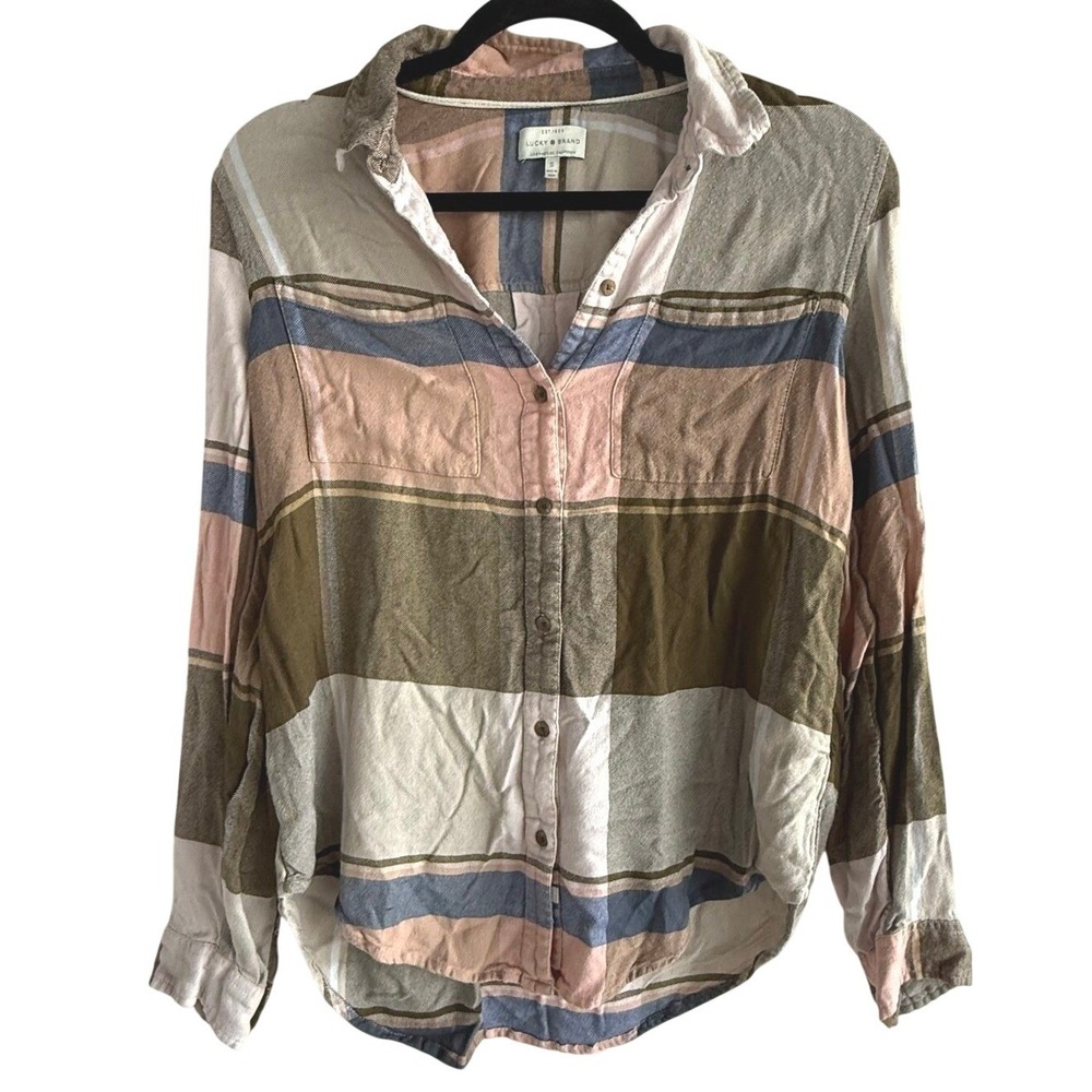 Lucky Brand Shirt Womens S Striped Button Down Blouse Modal Viscose Muted Earthy